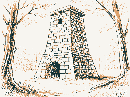 Decorative drawing: a stone blast furnace stack in woodland. Not a photograph of this place.
