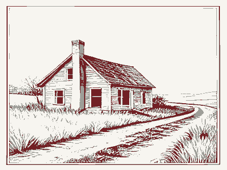 Decorative drawing: an abandoned homestead reclaimed by grass, a leaning chimney and an empty road. Not a photograph of this place.