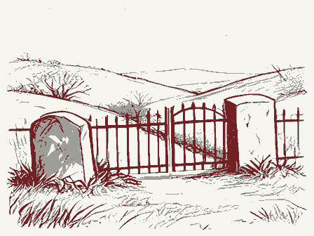 Decorative drawing: a hillside burying ground with slate headstones and an iron gate. Not a photograph of this place.