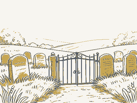 Decorative drawing: a hillside burying ground with slate headstones and an iron gate. Not a photograph of this place.
