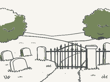 Decorative drawing: a hillside burying ground with slate headstones and an iron gate. Not a photograph of this place.