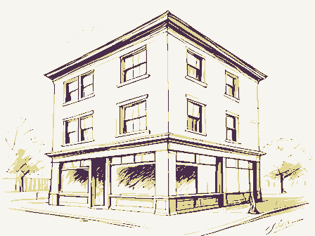 Decorative drawing: a three-storey commercial block with shopfronts below and windows above. Not a photograph of this place.
