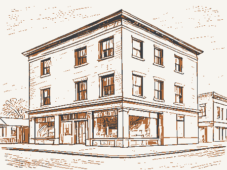 Decorative drawing: a three-storey commercial block with shopfronts below and windows above. Not a photograph of this place.