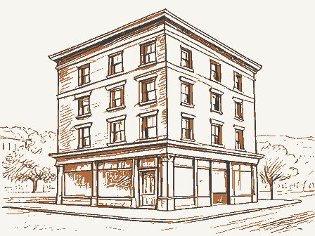 Decorative drawing: a three-storey commercial block with shopfronts below and windows above. Not a photograph of this place.
