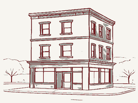 Decorative drawing: a three-storey commercial block with shopfronts below and windows above. Not a photograph of this place.