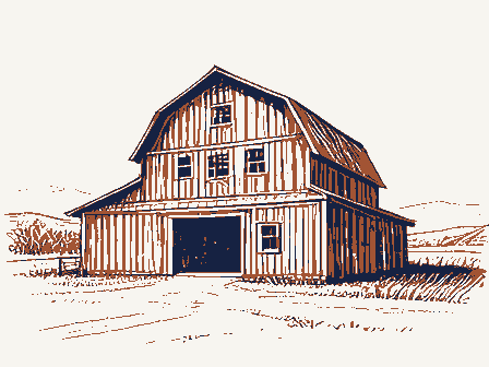 Decorative drawing: a large timber barn with a gambrel roof. Not a photograph of this place.