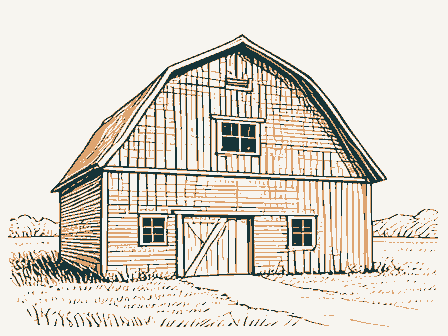 Decorative drawing: a large timber barn with a gambrel roof. Not a photograph of this place.
