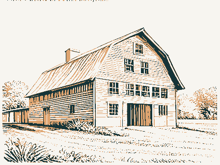 Decorative drawing: a large timber barn with a gambrel roof. Not a photograph of this place.