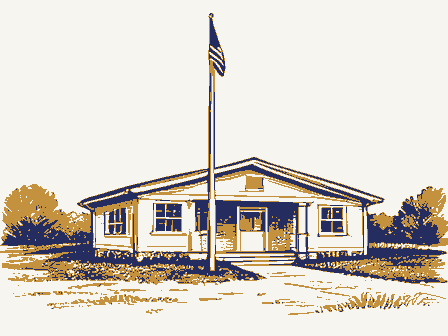 Decorative drawing: a modest post office building with a flagpole. Not a photograph of this place.