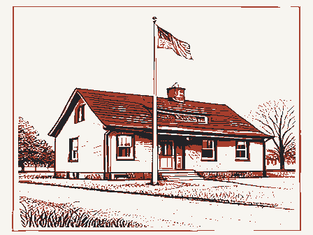 Decorative drawing: a modest post office building with a flagpole. Not a photograph of this place.