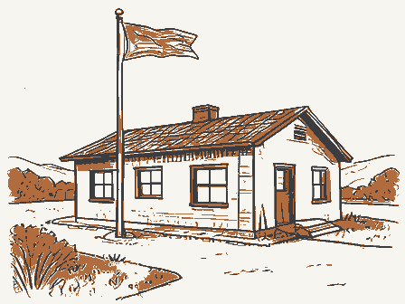 Decorative drawing: a modest post office building with a flagpole. Not a photograph of this place.