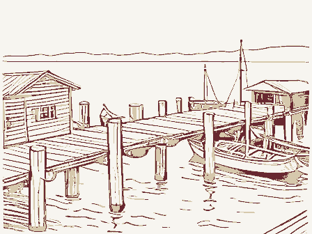 Decorative drawing: a working wharf with pilings, sheds and moored boats. Not a photograph of this place.