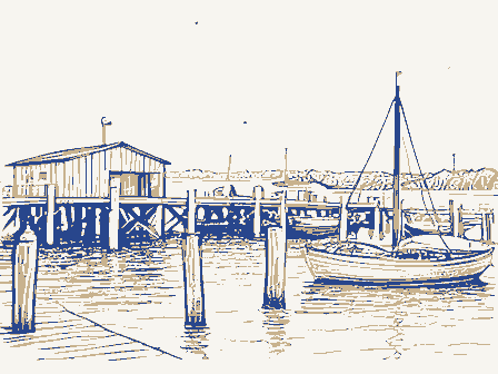 Decorative drawing: a working wharf with pilings, sheds and moored boats. Not a photograph of this place.