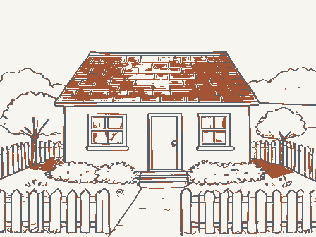 Decorative drawing: a small cottage with a picket fence and a garden. Not a photograph of this place.