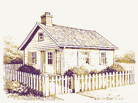 Decorative drawing: a small cottage with a picket fence and a garden. Not a photograph of this place.
