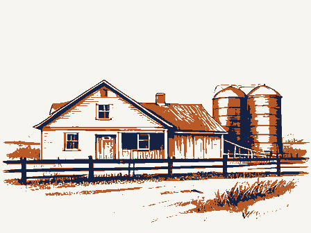 Decorative drawing: an American farmstead: a house, a barn and silos behind a rail fence. Not a photograph of this place.