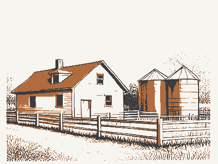 Decorative drawing: an American farmstead: a house, a barn and silos behind a rail fence. Not a photograph of this place.