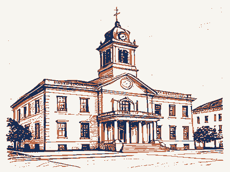 Decorative drawing: a civic town hall with a clock tower and a portico. Not a photograph of this place.
