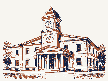 Decorative drawing: a civic town hall with a clock tower and a portico. Not a photograph of this place.