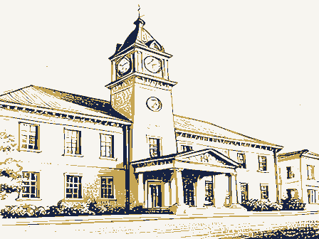 Decorative drawing: a civic town hall with a clock tower and a portico. Not a photograph of this place.