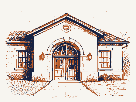 Decorative drawing: a small public library with an arched doorway. Not a photograph of this place.