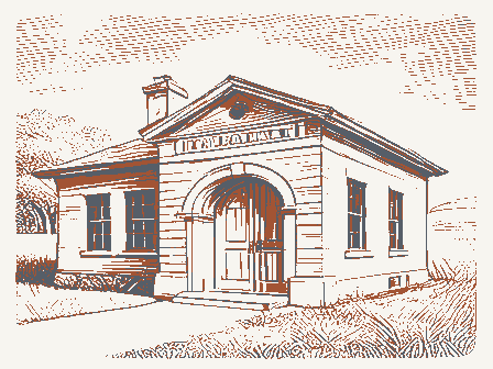 Decorative drawing: a small public library with an arched doorway. Not a photograph of this place.