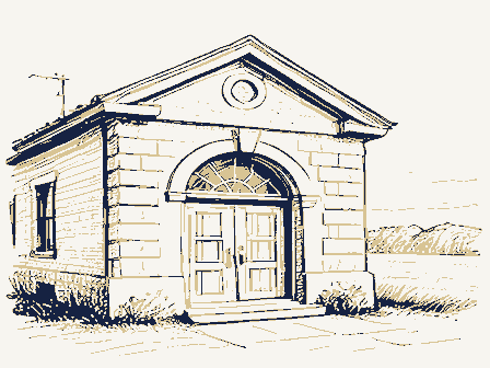 Decorative drawing: a small public library with an arched doorway. Not a photograph of this place.