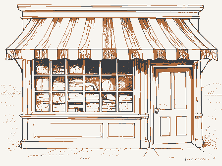 Decorative drawing: a nineteenth-century shop front seen close. Not a photograph of this place.