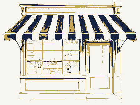 Decorative drawing: a nineteenth-century shop front seen close. Not a photograph of this place.
