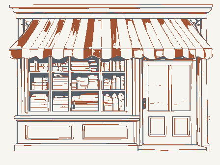 Decorative drawing: a nineteenth-century shop front seen close. Not a photograph of this place.