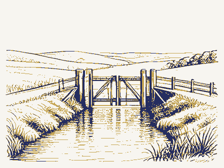 Decorative drawing: a canal lock with timber gates and a towpath. Not a photograph of this place.