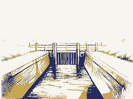 Decorative drawing: a canal lock with timber gates and a towpath. Not a photograph of this place.