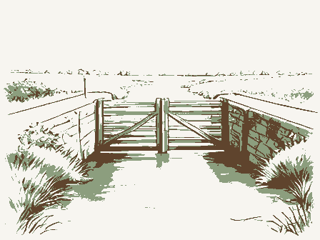 Decorative drawing: a canal lock with timber gates and a towpath. Not a photograph of this place.