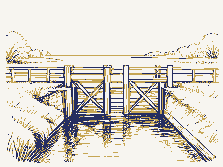 Decorative drawing: a canal lock with timber gates and a towpath. Not a photograph of this place.