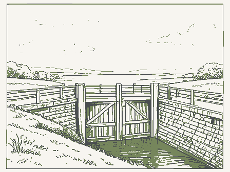 Decorative drawing: a canal lock with timber gates and a towpath. Not a photograph of this place.