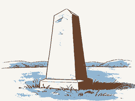 Decorative drawing: a stone memorial obelisk on a green. Not a photograph of this place.