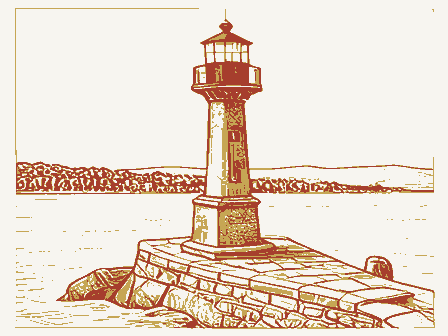 Decorative drawing: a harbour light on a stone pier. Not a photograph of this place.