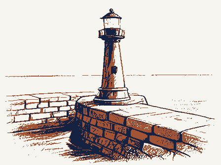 Decorative drawing: a harbour light on a stone pier. Not a photograph of this place.