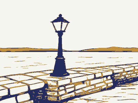 Decorative drawing: a harbour light on a stone pier. Not a photograph of this place.