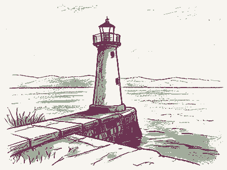 Decorative drawing: a harbour light on a stone pier. Not a photograph of this place.