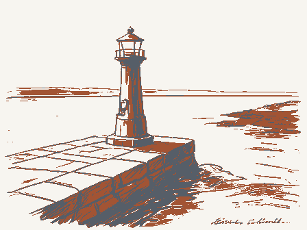 Decorative drawing: a harbour light on a stone pier. Not a photograph of this place.