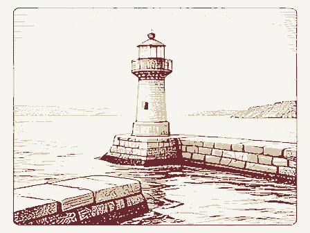 Decorative drawing: a harbour light on a stone pier. Not a photograph of this place.