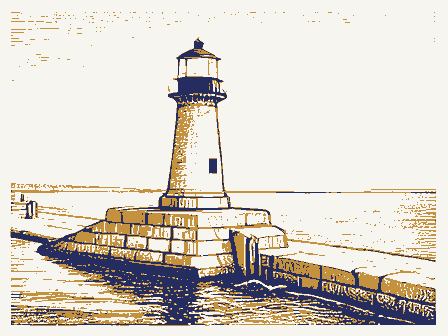 Decorative drawing: a harbour light on a stone pier. Not a photograph of this place.