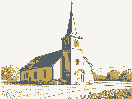 Decorative drawing: a plain country church with a tall steeple. Not a photograph of this place.