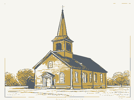 Decorative drawing: a plain country church with a tall steeple. Not a photograph of this place.