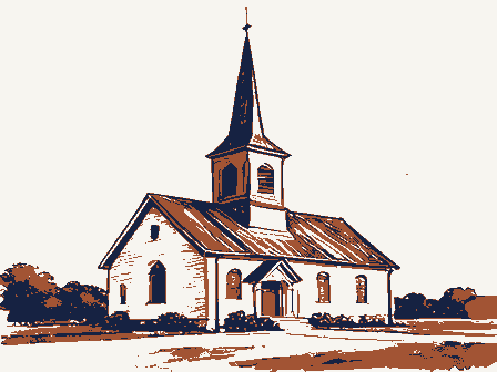 Decorative drawing: a plain country church with a tall steeple. Not a photograph of this place.