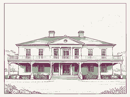 Decorative drawing: a nineteenth-century hotel with a deep verandah across its front. Not a photograph of this place.