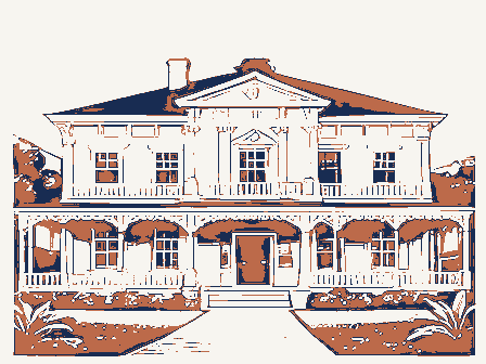 Decorative drawing: a nineteenth-century hotel with a deep verandah across its front. Not a photograph of this place.