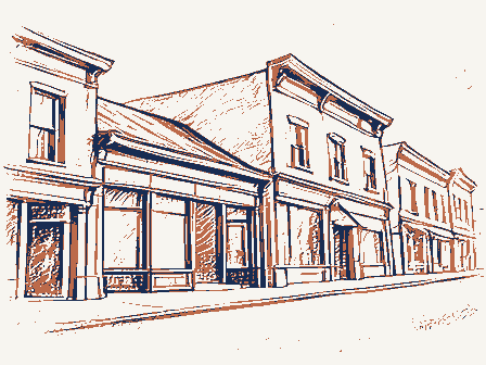 Decorative drawing: a row of nineteenth-century main-street storefronts. Not a photograph of this place.