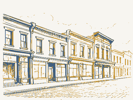 Decorative drawing: a row of nineteenth-century main-street storefronts. Not a photograph of this place.